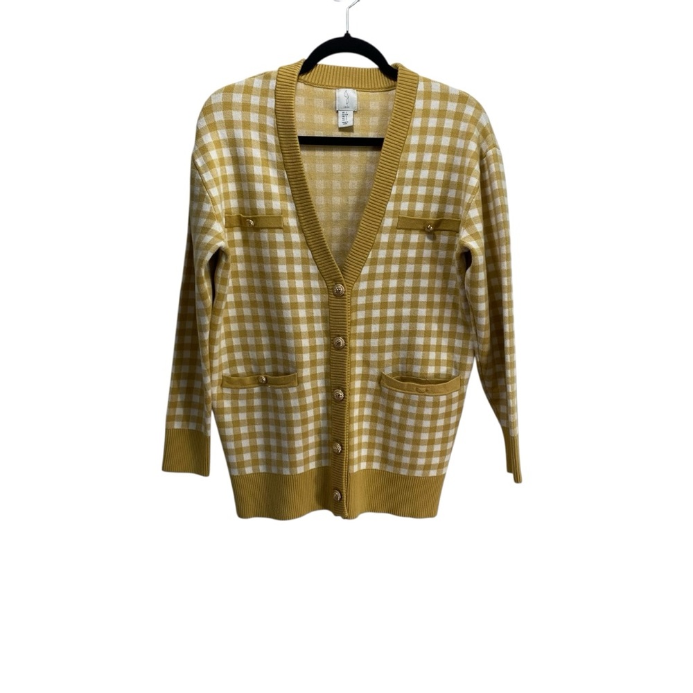 Joie Holiday Plaid Tight Kinit Cardigan Oversized Preppy Mustard S Gold‎ Button